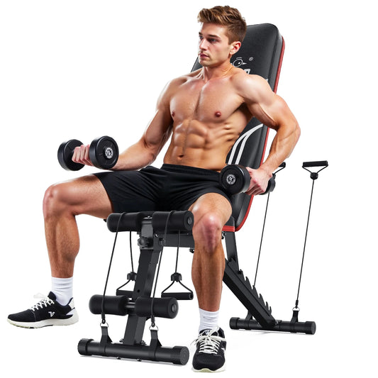 Adjustable Folding Weight Bench for Home Gym, Includes Resistance Bands